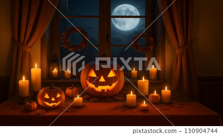 Halloween decorations of jack-o'-lanterns and candles lit on a full moon night 130904744