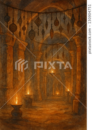 神秘古老聖殿走廊與護符裝飾的奇幻插圖 神秘古老聖殿走廊與護符裝飾的奇幻插圖 130904751