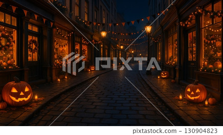 Halloween night view of jack-o'-lanterns and street lights decorating the shopping district 130904823