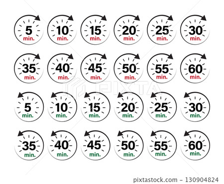 Fast forward and rewind icons with circle arrows and minute numbers. 130904824