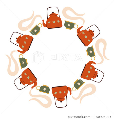 Autumn tea kettle and cup circle frame. Round border made of doodle hand drawn fall elements. Arranged in a circle for stickers, banners, cards, ads. Vector flat isolated on white background. 130904923