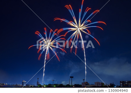 A night view of a fireworks display where colorful fireworks light up the night sky 130904940