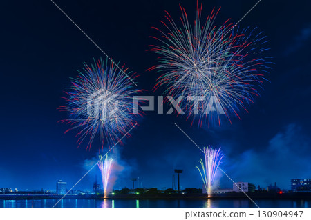 A night view of a fireworks display where colorful fireworks light up the night sky 130904947