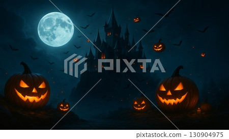 Halloween full moon and jack-o'-lanterns surrounding a castle Halloween full moon and jack-o'-lanterns surrounding a castle 130904975