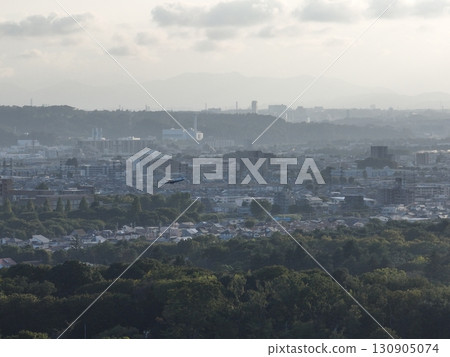 （鳥瞰圖）黃昏時分，一架小型客機從城市上空降落在調布機場 130905074
