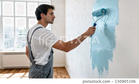 Man Painting Wall with Blue Paint Roller in Bright Room Interior 130905106