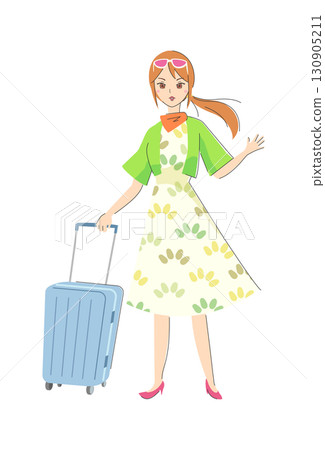 A young woman in a dress with a carry-on bag (with lines) 130905211