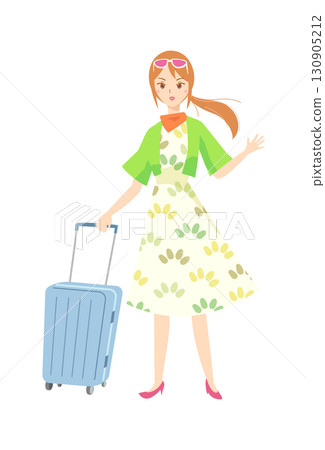 A young woman in a dress with a carry-on bag 130905212