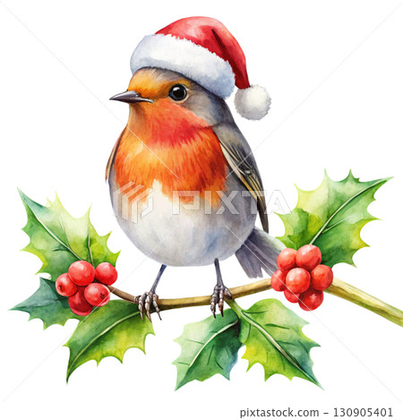 Minimal watercolor illustration of a cute robin with a red chest Watercolor white background  130905401