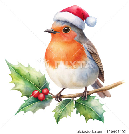 Minimal watercolor illustration of a cute robin with a red chest Watercolor white background  130905402