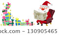 Christmas illustration of Santa Claus looking at a map with lots of presents 130905465
