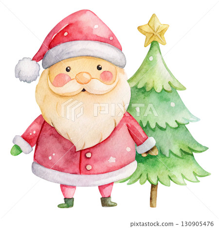 Minimal watercolor illustration of a cute Santa Claus Watercolor white background  130905476