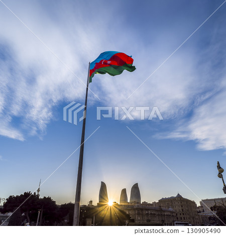 Azerbaijan flag and Flame Towers at dusk / Baku, Azerbaijan 130905490