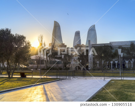 Azerbaijan Flame Towers and Baku cityscape at dusk / Baku, Azerbaijan Azerbaijan Flame Towers and Baku cityscape at dusk / Baku, Azerbaijan 130905518