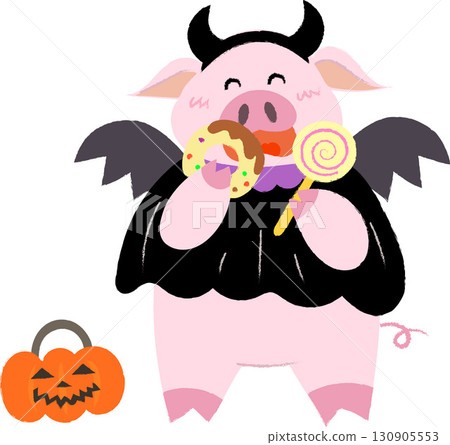Halloween costumed pig eating candy smiling Halloween costumed pig eating candy smiling 130905553