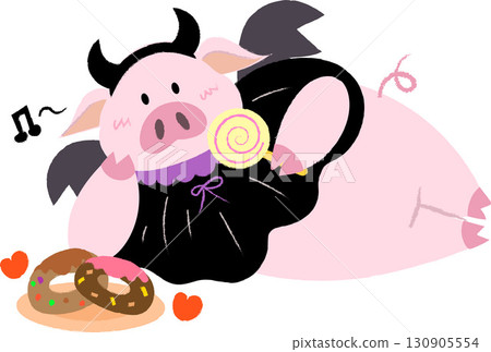 萬聖節:一隻穿著服裝的豬躺著吃糖果 萬聖節:一隻穿著服裝的豬躺著吃糖果 130905554