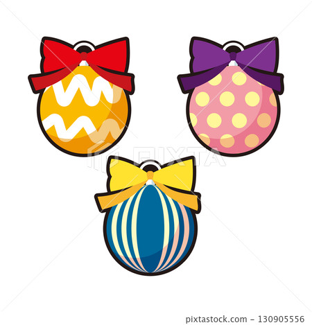 Three ornamental balls with ribbons of different patterns 130905556