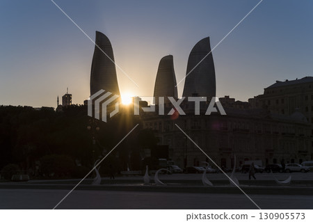 Silhouette of the Baku Flame Towers at dusk / Baku, Azerbaijan 130905573