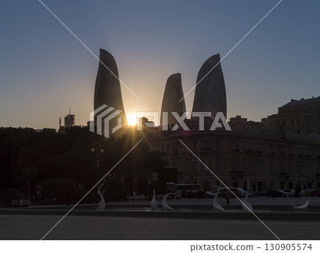Baku, Azerbaijan, sunset and silhouette of the Flame Towers 130905574