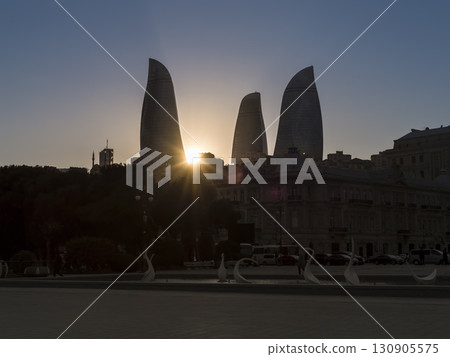 Baku - Flame Towers silhouette against the setting sun / Baku, Azerbaijan 130905575