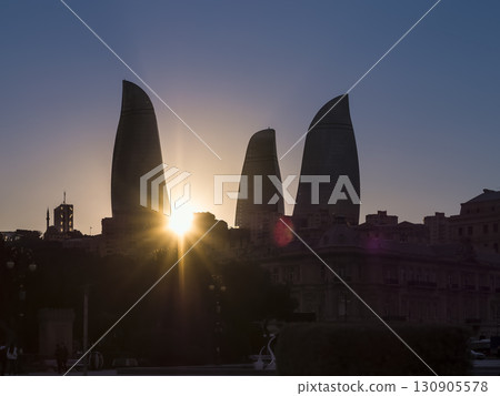 Baku - Flame Towers silhouette against the setting sun / Baku, Azerbaijan 130905578