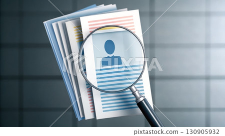 A magnifying glass focuses on a stack of resumes, highlighting the search for the right candidate. 130905932