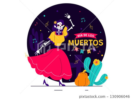 Dia de los Muertos or Day of the Dead Vector Illustration featuring a Skeleton Playing Music, Wearing a Sombrero and Traditional Mexican Costume Dia de los Muertos or Day of the Dead Vector Illustration featuring a Skeleton Playing Music, Wearing a Sombrero and Traditional Mexican Costume 130906046