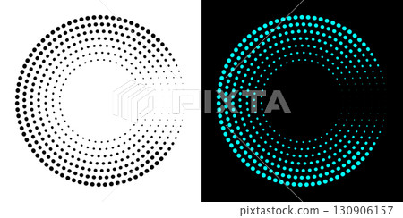 Dotted abstract circle geometric shape. Dots round circle shape. Abstract halftone circle design in black and teal. Dotted abstract circle geometric shape. Dots round circle shape. Abstract halftone circle design in black and teal. 130906157