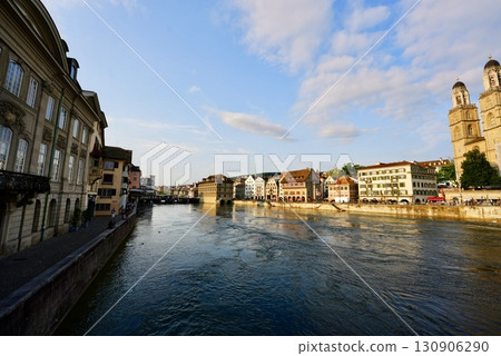 The Limmat River and the beautiful cityscape of Zurich. A spectacular cityscape of Swiss tourism. 130906290