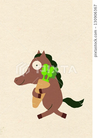日本紙背景上馬和胡蘿蔔的可愛插圖新年賀卡材料 130906367