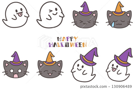 Cute ghost and black cat Halloween illustration set 130906489