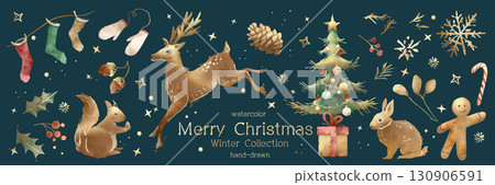 "Cute Christmas animals and holiday decorations" vector, illustration, set 130906591