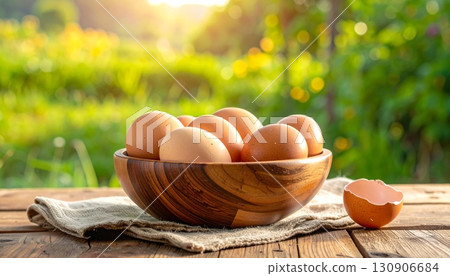Farm-fresh organic brown and white eggs in a wicker basket on a wooden table, a healthy breakfast ingredient 130906684