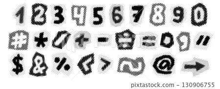 Black halftone numbers and signs. Retro pixelated punctuation marks and characters. Comic pop art style symbols. Grunge rasterized dotted pack. Aged bitmap newspapers typography set. Vector 130906755