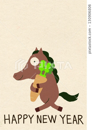 新年賀卡插圖為馬和胡蘿蔔，背景為日本紙，上面寫著“新年快樂” 130906806