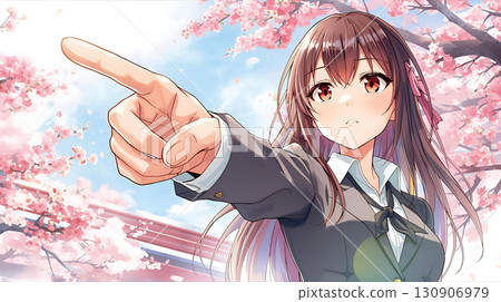 Illustration of a cute high school girl in uniform pointing with cherry blossoms in the background Illustration of a cute high school girl in uniform pointing with cherry blossoms in the background 130906979