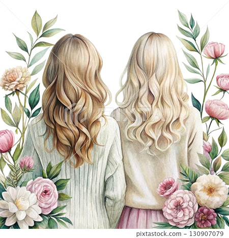 Two girls sitting close together from the back, both wearing pastel sweaters clipart watercolor Two girls sitting close together from the back, both wearing pastel sweaters clipart watercolor 130907079