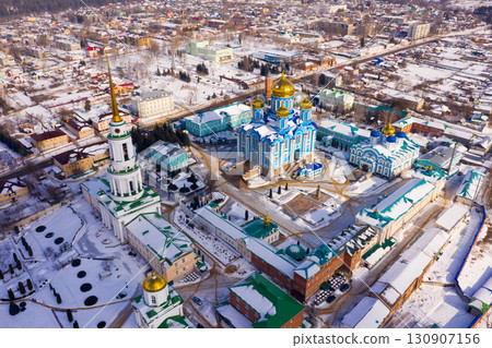 Aerial view of the Nativity-Bogoroditsky monastery surrounded by residential buildings in Zadonsk Aerial view of the Nativity-Bogoroditsky monastery surrounded by residential buildings in Zadonsk 130907156
