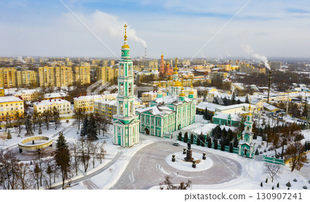 Winter aerial view of Tambov with Orthodox Transfiguration Cathedral 130907241