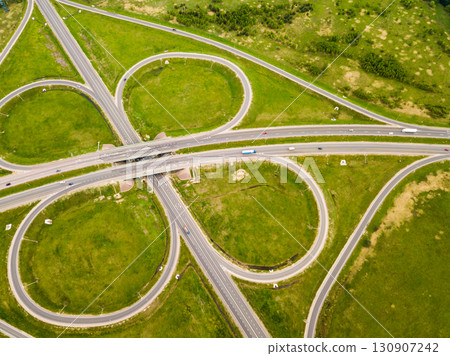 Panoramic aerial view of road junction in Russia from drone Panoramic aerial view of road junction in Russia from drone 130907242