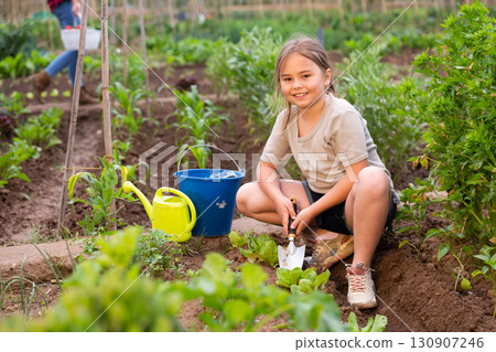 Girl cultivates the beds from the weeds with a chopper 130907246