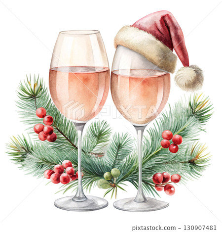 Two pastel wine glasses with light pink wine, one glass wearing a soft pastel Santa hat  clipart watercolor 130907481