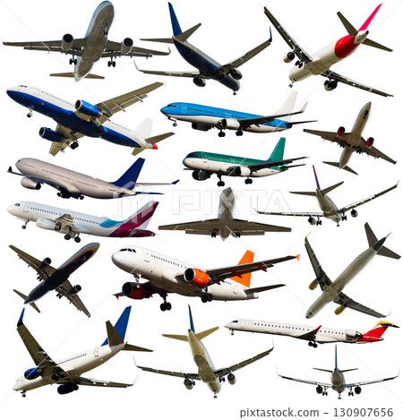 Airplanes flying, collection isolated on white background 130907656