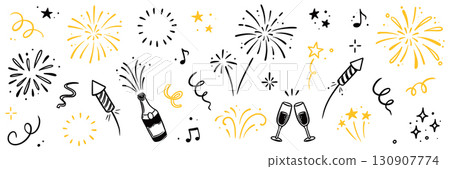 Firework new year set. Doodle firework sparkles for New Year celebration, golden burst and festive elements for birthday or party decor. Hand drawn style for a firework themed vector 130907774