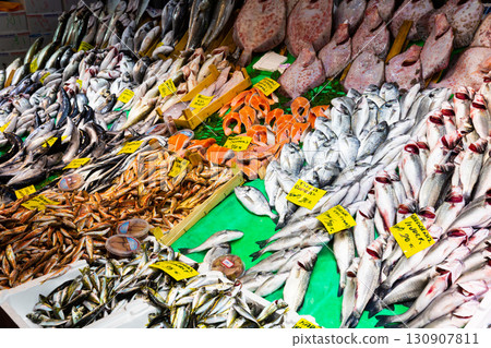Fresh fish at seafood market in Istanbul. On the price tags names of fish in turkish Fresh fish at seafood market in Istanbul. On the price tags names of fish in turkish 130907811
