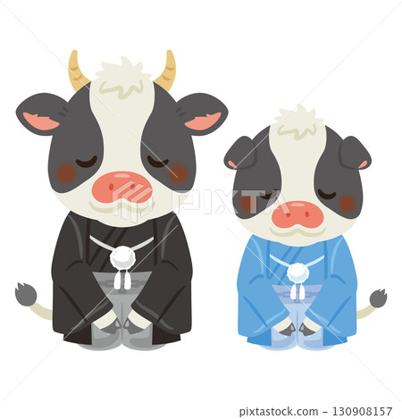 Characters of the Year of the Ox in their finery, parent and child, bowing Characters of the Year of the Ox in their finery, parent and child, bowing 130908157