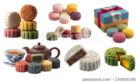 Set of snowskin snow skin snowy colourful mooncake, Chinese Mid-Autumn Festival pastry, filling, oriental tea set gift box, stack broken bitten slice half on transparent cutout PNG. Mockup for design 130908198