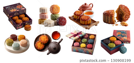 Set of mooncake, traditional and snowskin snow skin colourful Chinese Mid-Autumn Festival pastry, oriental tea set gift box platter, stack broken slice half on transparent cutout PNG. Mockup design Set of mooncake, traditional and snowskin snow skin colourful Chinese Mid-Autumn Festival pastry, oriental tea set gift box platter, stack broken slice half on transparent cutout PNG. Mockup design 130908199