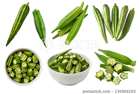 Okra, gumbo lady's fingers, ladyfinger, bhindi vegetable fruit, many angles and view front pile slice chopped isolated on transparent cutout, PNG file. Mockup template for artwork 130908203
