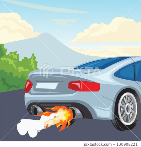 car problem with car exhaust emitting flames on mountain road,vector illustration design 130908221